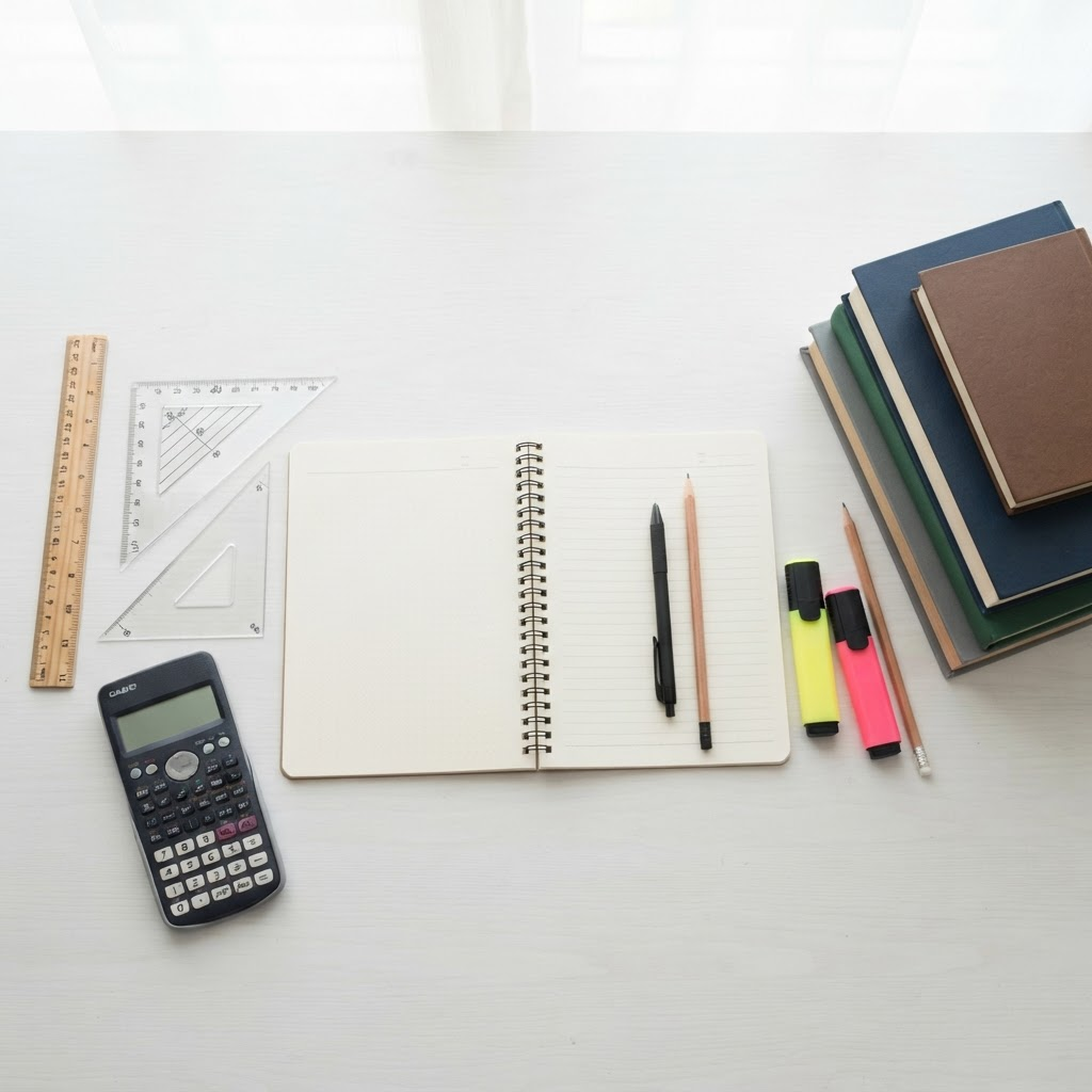 Educational study materials — notebooks, pencils and textbooks on a desk